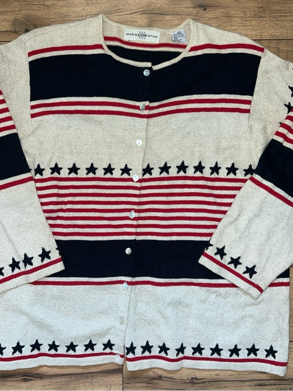 Marisa Christina Navy Cardigan with Red Stripe and Cream Trim